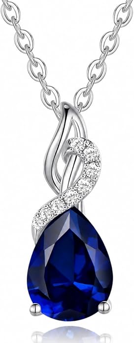 FANCIME 14K Solid White Gold Birthstone Diamond Pendant Necklace for Women Pear Birthstone Pendant, Diamond Accents, 16"+2" Sterling Silver Chain, Anniversary Birthday Gift for Her