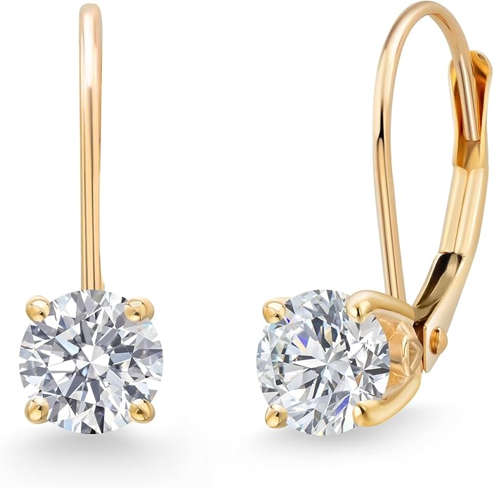 Gem Stone King 0.20-1.50 Ct Lab Diamond Leverback Earrings 14K Gold Round Cut | E-F | VVS-VS | April Birthstone | 4-Prong | Yellow Gold Earrings for Women Her | Fine Jewelry Gift for Mom Wife