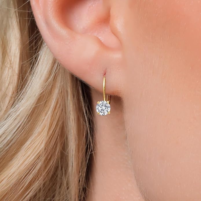 Gem Stone King 0.20-1.50 Ct Lab Diamond Leverback Earrings 14K Gold Round Cut | E-F | VVS-VS | April Birthstone | 4-Prong | Yellow Gold Earrings for Women Her | Fine Jewelry Gift for Mom Wife