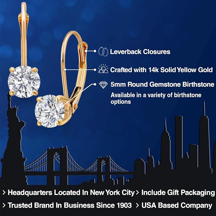 Gem Stone King 0.20-1.50 Ct Lab Diamond Leverback Earrings 14K Gold Round Cut | E-F | VVS-VS | April Birthstone | 4-Prong | Yellow Gold Earrings for Women Her | Fine Jewelry Gift for Mom Wife