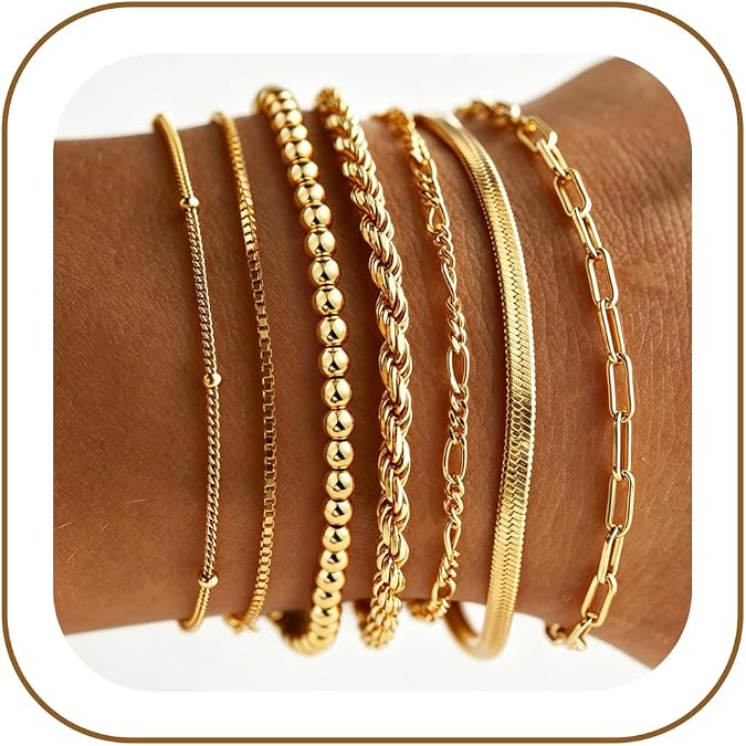 M MOOHAM 7PCS Gold Bracelets for Women, 14K Gold Plated Beaded Bracelet Set Rope Paperclip Chain Stackable Bracelet, Non Tarnish Bracelet Stack, Friendship Birthday Jewelry, Gifts for Women Teen Girls