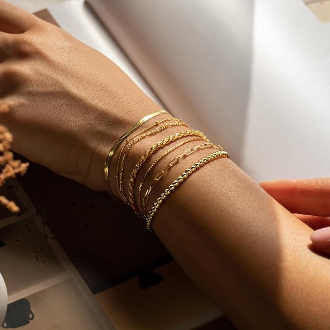 M MOOHAM 7PCS Gold Bracelets for Women, 14K Gold Plated Beaded Bracelet Set Rope Paperclip Chain Stackable Bracelet, Non Tarnish Bracelet Stack, Friendship Birthday Jewelry, Gifts for Women Teen Girls