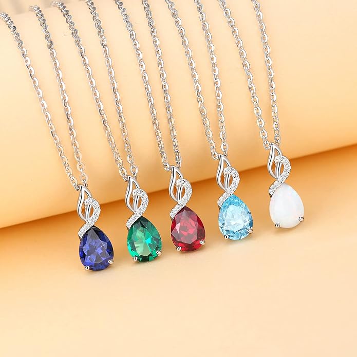 FANCIME 14K Solid White Gold Birthstone Diamond Pendant Necklace for Women Pear Birthstone Pendant, Diamond Accents, 16"+2" Sterling Silver Chain, Anniversary Birthday Gift for Her