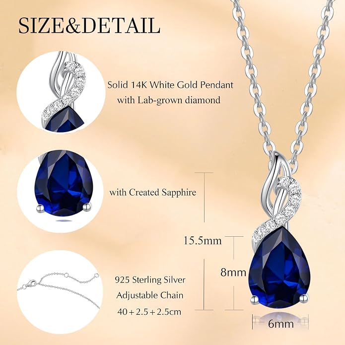 FANCIME 14K Solid White Gold Birthstone Diamond Pendant Necklace for Women Pear Birthstone Pendant, Diamond Accents, 16"+2" Sterling Silver Chain, Anniversary Birthday Gift for Her