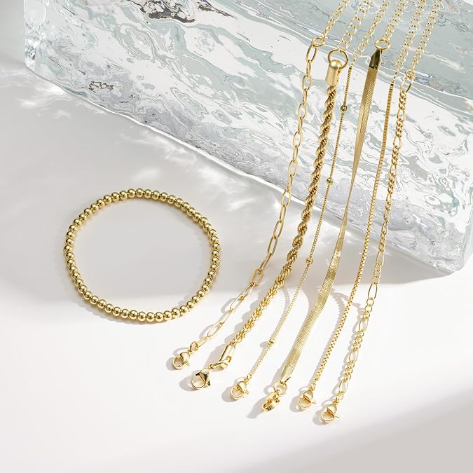 M MOOHAM 7PCS Gold Bracelets for Women, 14K Gold Plated Beaded Bracelet Set Rope Paperclip Chain Stackable Bracelet, Non Tarnish Bracelet Stack, Friendship Birthday Jewelry, Gifts for Women Teen Girls