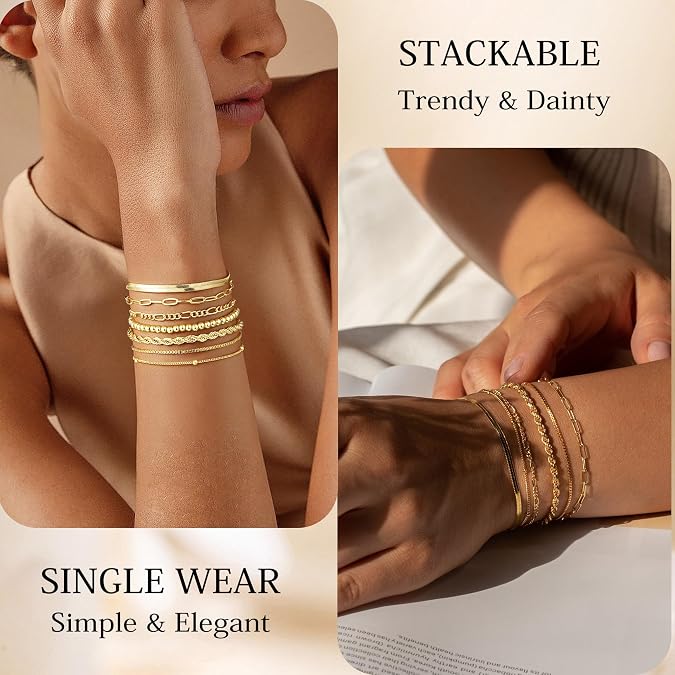 M MOOHAM 7PCS Gold Bracelets for Women, 14K Gold Plated Beaded Bracelet Set Rope Paperclip Chain Stackable Bracelet, Non Tarnish Bracelet Stack, Friendship Birthday Jewelry, Gifts for Women Teen Girls