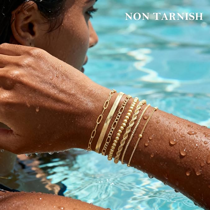 M MOOHAM 7PCS Gold Bracelets for Women, 14K Gold Plated Beaded Bracelet Set Rope Paperclip Chain Stackable Bracelet, Non Tarnish Bracelet Stack, Friendship Birthday Jewelry, Gifts for Women Teen Girls