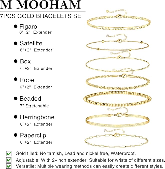 M MOOHAM 7PCS Gold Bracelets for Women, 14K Gold Plated Beaded Bracelet Set Rope Paperclip Chain Stackable Bracelet, Non Tarnish Bracelet Stack, Friendship Birthday Jewelry, Gifts for Women Teen Girls
